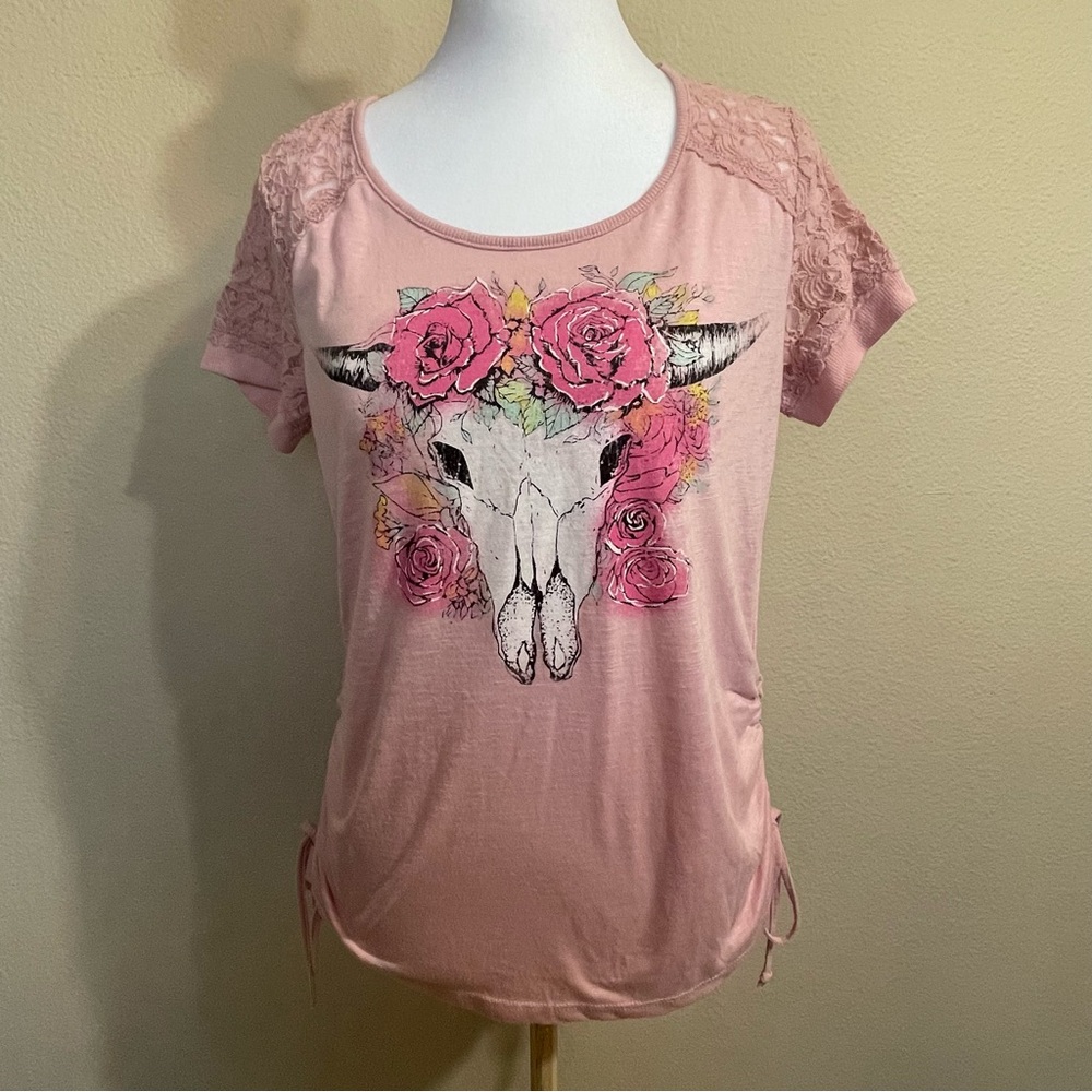 No Boundaries Pink Floral Skull Lace Sleeve Top
